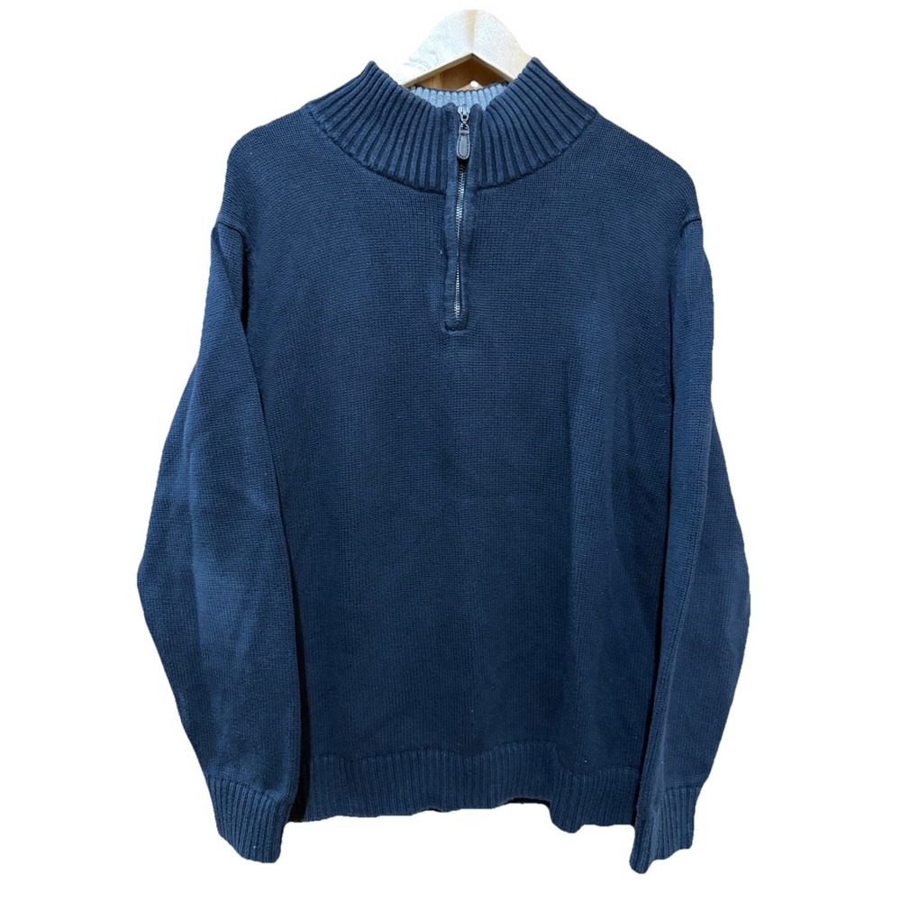 LL Bean Sweater 1/4 Zip Blue Cotton Pullover Coastal Classic Mens Large Reg EUC